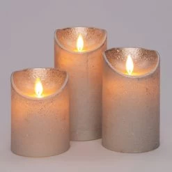 Anna’s Collection 3st. LED Rustiek Wax Stompkaars Zilver - Ø 7,5 X H 10/12,5/15 Cm