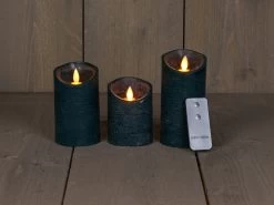 Anna’s Collection 3st. LED Rustiek Wax Stompkaars Antiek Groen - Ø 7,5 X H 10/12,5/15 Cm